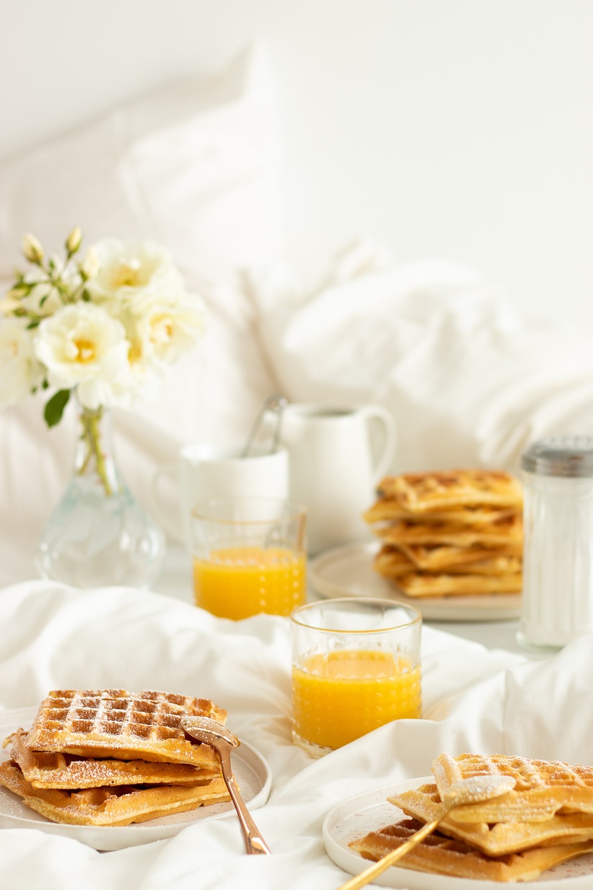 breakfast, waffle, bed